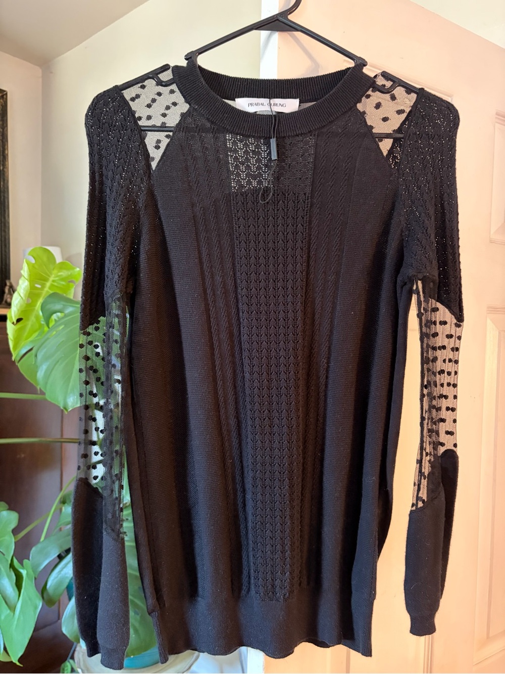 Prabal Gurung Black Sheer Dot Sleeve Knit Sweater